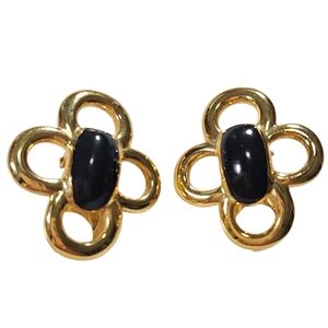 Vintage Elegant Gold- Plated and Black Clip  Earrings